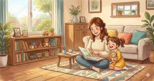 明るいリビングで、母親と幼い女の子が並んで座り、笑顔で一緒に絵本を読んでいる温かい雰囲気のイラスト。
