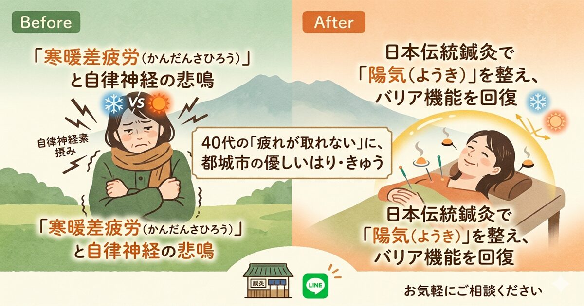 都城市の鍼灸院で寒暖差疲労をケアする優しい鍼灸とバリア機能の回復イラスト