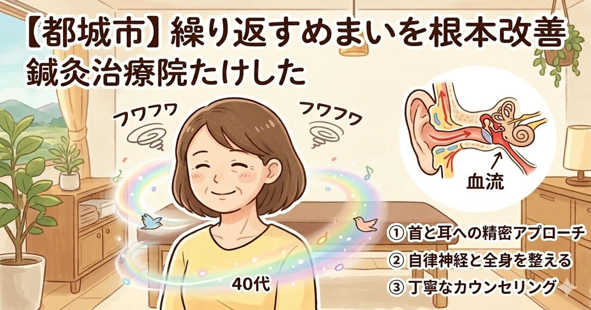 都城市で繰り返すめまいを根本改善する「鍼灸治療院たけした」のブログ記事アイキャッチ画像。耳の仕組みや自律神経、首のケアを解説するイラスト。