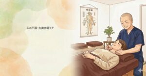 宮崎県都城市の鍼灸治療院たけしたで、紺色のスクラブを着た院長が患者に優しく施術を行う、白壁と経絡図がある清潔な院内のイラスト。