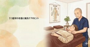 宮崎県都城市の「鍼灸治療院たけした」による、うつ症状改善のための鍼灸ケア解説画像。刺さない鍼で自律神経を整える様子を表現しています。