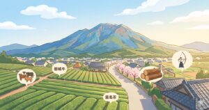 宮崎県都城市の美しい風景イラスト。霧島山系、都城牛、霧島茶、都城大弓など、地域の魅力的な自然と文化が描かれています。鍼灸治療院たけしたの地域紹介ページ用の画像。