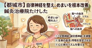 都城市で自律神経の乱れを根本改善する「鍼灸治療院たけした」のOGP画像。交感神経・副交感神経の調整と全身の血流・呼吸促進、心と体のリズム調整を解説する図解。
