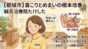 都城市で頑固な首こりを根本改善する「鍼灸治療院たけした」のタグページアイキャッチイラスト。首の深層筋肉解消と脳への血流・リンパ液促進、自律神経の安定を解説する図解。