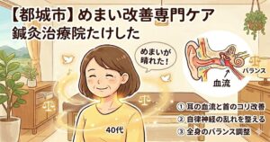 都城市で繰り返すめまいを根本改善する「鍼灸治療院たけした」のOGP画像。耳の血流と首のコリ改善、自律神経の安定を解説する図解。