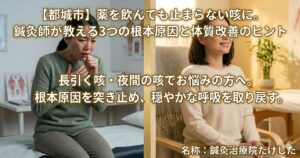 【都城市】薬を飲んでも止まらない咳に。鍼灸師が教える3つの根本原因と体質改善のヒントを伝えるOGP画像（鍼灸治療院たけした）