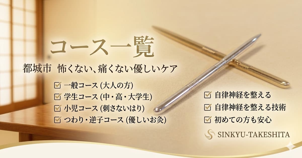 都城市の鍼灸治療院たけしたの料金とコース一覧紹介画像。一般コース、学生コース、小児コース、つわり・逆子コースの案内。自律神経を整える刺さない鍼（ていしん）と優しいお灸で、初めての方も安心なケアを提供。
