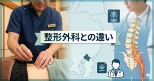 鍼灸院での施術風景と、整形外科のイメージ(脊椎のイラストやレントゲン)を比較した、都城市・鍼灸治療院たけしたのアイキャッチ画像。