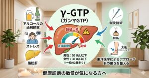 γ-GTPの数値上昇の原因と、鍼灸・ツボによる東洋医学的アプローチの解説図