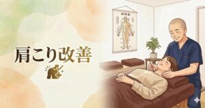 肩こり改善のためのヒント。鍼灸治療院たけしたの院長が優しく施術を行うイラスト。