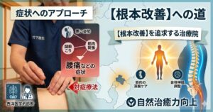 症状へのアプローチと根本改善への道を比較した図解。筋肉の深層ケアと自律神経調整による自然治癒力向上を説明する、鍼灸治療院たけしたのアイキャッチ画像。