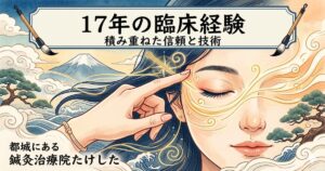 「17年の臨床経験」タグのイメージ画像。都城市の鍼灸治療院たけした。