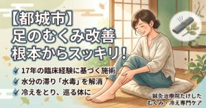 【都城市】足のむくみ改善を得意とする鍼灸治療院たけしたのタグ用アイキャッチ画像。水毒の解消や冷え取りなど、17年の経験に基づく施術内容を解説しています。