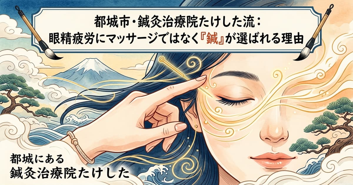 都城市・鍼灸治療院たけした流：眼精疲労にマッサージではなく「鍼」が選ばれる理由、をテーマにした和風イラストのアイキャッチ画像