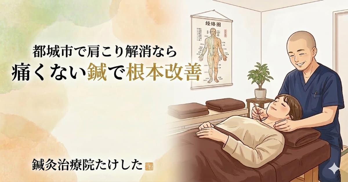 都城市「鍼灸治療院たけした」の肩こり解消の案内。笑顔の院長が優しく施術を行うイラスト。