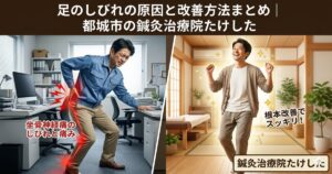 都城市の鍼灸治療院たけしたによる、足のしびれの原因と改善方法のまとめをテーマにしたビジュアル。左側にデスクワークで足の痛みに苦しむ男性、右側に施術後に笑顔で喜ぶ男性の比較画像と、院名入りのタイトル。
