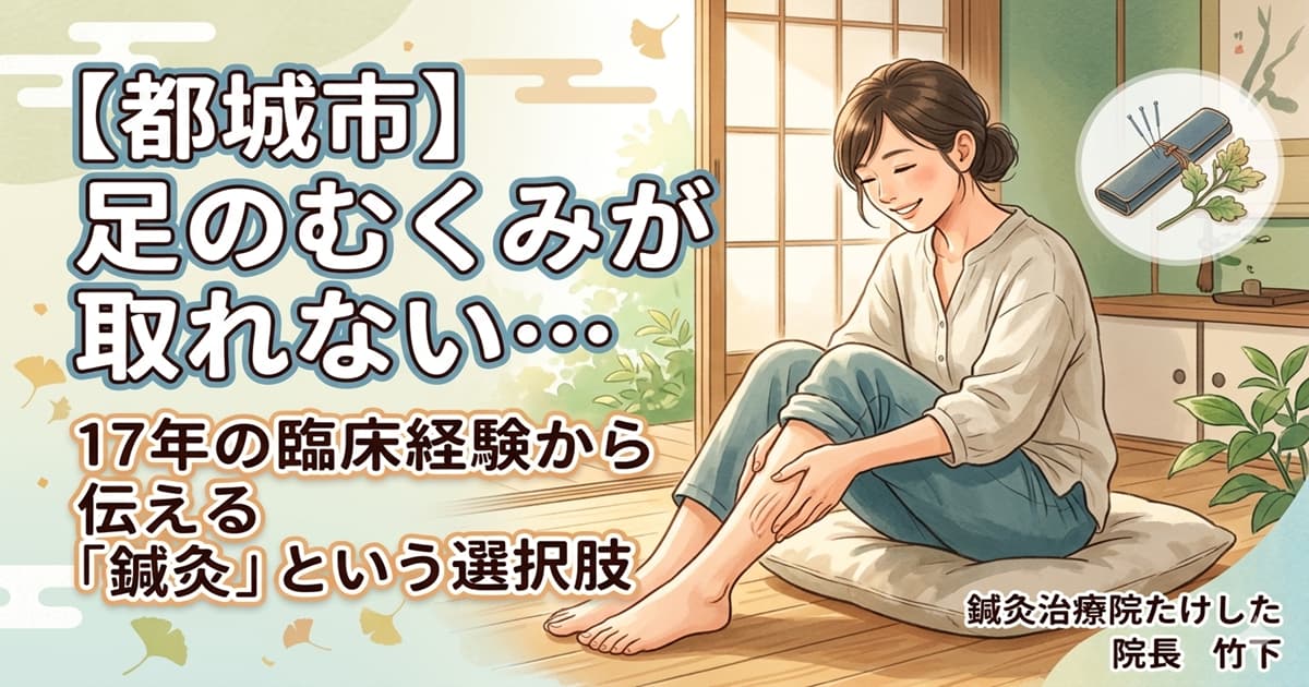 都城市で足のむくみ解消をテーマにした鍼灸治療院たけしたのブログアイキャッチ画像。笑顔で足をマッサージする女性と記事タイトルが描かれています。