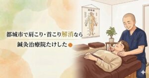 都城市で肩こり・首こり解消を専門とする鍼灸治療院たけしたの案内。院長が優しく施術を行うイラスト。