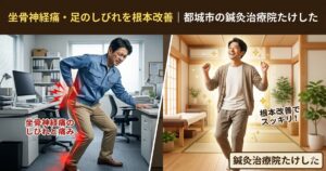 都城市の鍼灸治療院たけしたによる、坐骨神経痛と足のしびれの根本改善をテーマにしたビジュアル。左側にデスクワークで腰痛に苦しむ男性、右側に施術後に笑顔で喜ぶ男性の比較画像と、院名入りのタイトル。