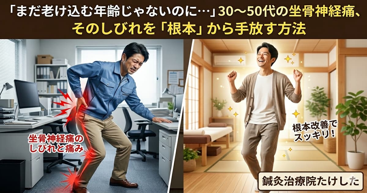 都城市の鍼灸治療院たけしたによる坐骨神経痛改善のアイキャッチ。左側にデスクワークで腰痛に苦しむ男性、右側に施術後に笑顔で喜ぶ男性の比較画像。