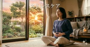 夕暮れ時のリビングで、夕日を浴びながらリラックスして深呼吸（腹式呼吸）をする女性。「ストレスケア」の文字入り。