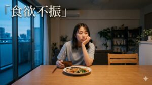 食欲不振で食事が進まず悩む女性。自律神経の乱れや体調不良をイメージ。