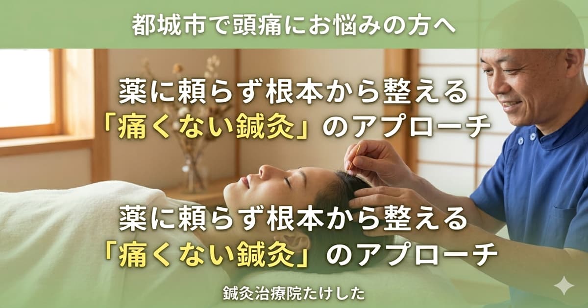 都城市の鍼灸治療院たけしたの竹下院長が、都城市で頭痛に悩む女性患者に対して優しく頭部の鍼施術を行っている様子。