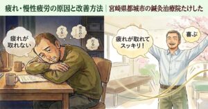 「疲れ・慢性疲労の原因と改善方法|宮崎県都城市の鍼灸治療院たけした」のタイトルが入ったカテゴリー用画像。左側にはデスクでうつむく疲れた40代男性、右側には鍼灸院の背景で笑顔を見せる元気な40代男性が対比されている。