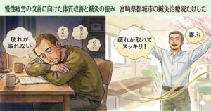 「慢性疲労の改善に向けた体質改善と鍼灸の強み｜宮崎県都城市の鍼灸治療院たけした」のタイトルが入ったタグページ用画像。左側には慢性疲労でデスクにうつむく40代男性、右側には鍼灸院のベッドを背景に満面の笑みでスッキリと喜ぶ40代男性が対比されている。