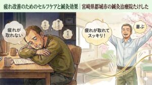 「疲れ改善のためのセルフケアと鍼灸効果｜宮崎県都城市の鍼灸治療院たけした」のタイトルが入ったタグページ用画像。左側には疲労でうつむく40代男性、右側には施術ベッドや鍼のイラストを背景にスッキリと喜ぶ40代男性が対比されている。