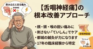 飲み込むと喉や頭に激痛が走る舌咽神経痛と思われる症状に対し、血管の圧迫を考慮した根本改善アプローチを提案する、都城市の鍼灸治療院たけしたのタグ用アイキャッチ画像。刺さない鍼（ていしん）と引き算のお灸についても紹介しています。