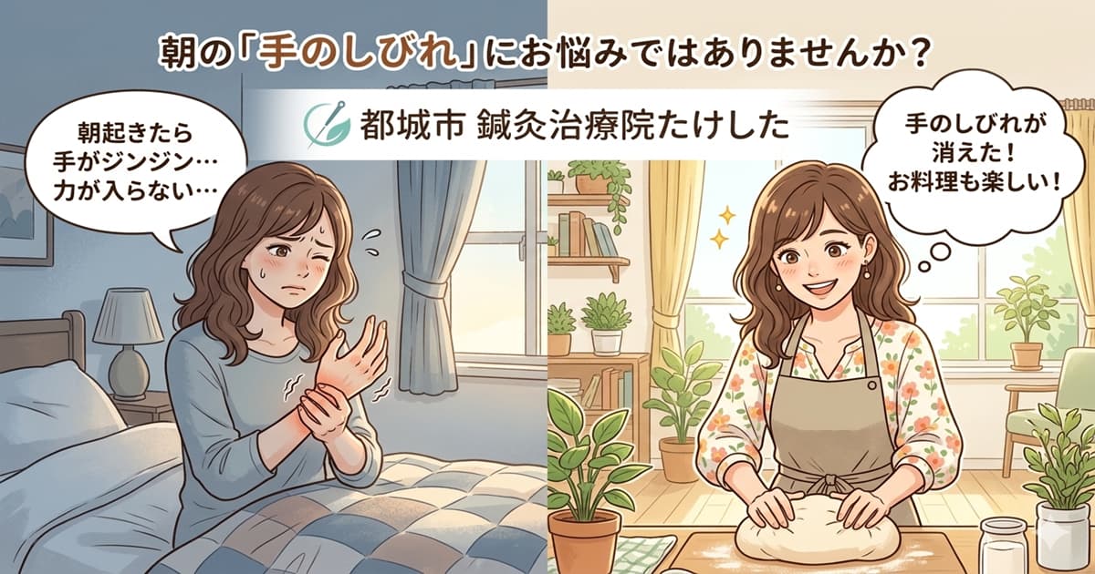 都城市で手のしびれに悩む30代女性が鍼灸治療院たけしたの施術で改善し、笑顔でお料理を楽しんでいるビフォーアフターのイラスト。