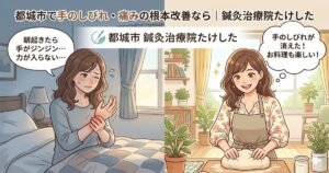 「都城市で手のしびれ・痛みの根本改善なら|鍼灸治療院たけした」の文字が入った、手のしびれに悩む女性が施術によって笑顔でお料理を楽しめるようになるまでのビフォーアフターイラスト。