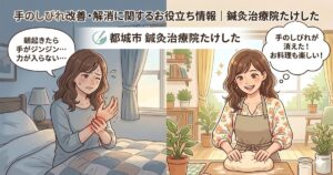 「手のしびれ改善・解消に関するお役立ち情報|鍼灸治療院たけした」のタイトル文字が入った、手のしびれに悩む女性が施術で改善してお料理を楽しむ姿を描いたビフォーアフターイラスト。