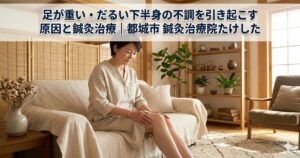 自宅のリビングのソファに座り、足の重だるさに悩みながら右膝を両手で触っている女性のイラスト。上部には「足が重い・だるい下半身の不調を引き起こす原因と鍼灸治療|都城市 鍼灸治療院たけした」の文字。