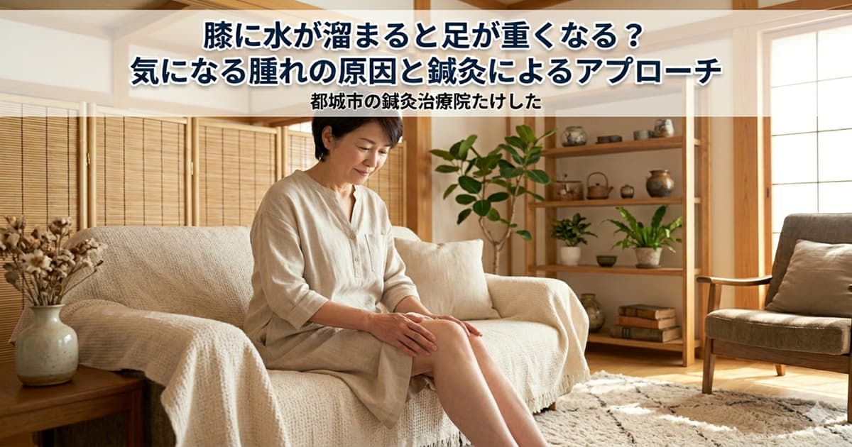 自宅のソファに座り、膝に水が溜まることに悩みながら右膝を両手で触っている中高年女性のイラスト。上部には「膝に水が溜まると足が重くなる？気になる腫れの原因と鍼灸によるアプローチ｜都城市の鍼灸治療院たけした」の文字。