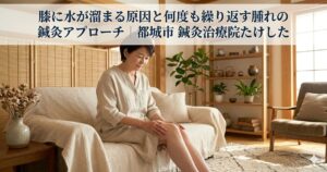 自宅の落ち着いたリビングのソファで、右膝の腫れを両手で優しくいたわっている中高年女性のイラスト。上部には「膝に水が溜まる原因と何度も繰り返す腫れの鍼灸アプローチ|都城市 鍼灸治療院たけした」の文字。