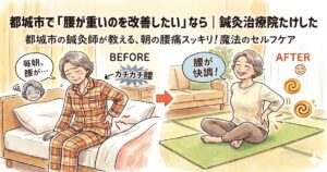 都城市で「腰が重いのを改善したい」なら|鍼灸治療院たけした(腰の重だるさを解消するビフォーアフターイラスト)