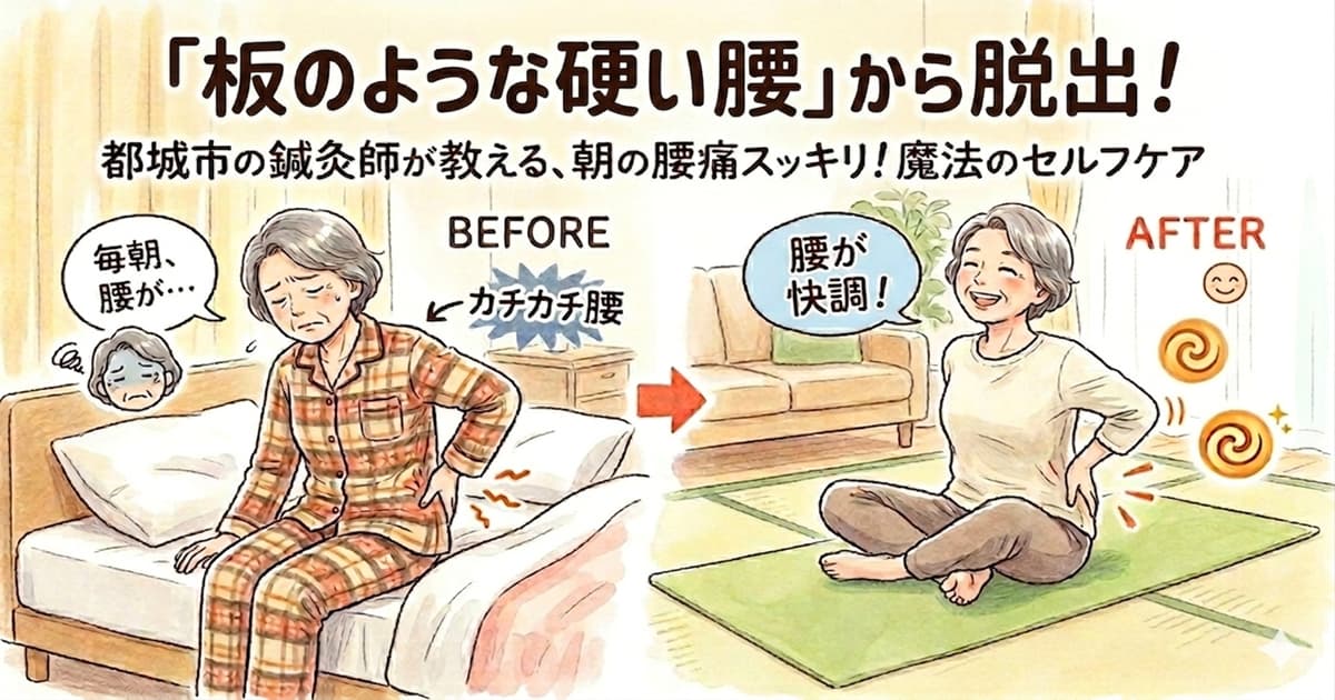 朝だけ腰が痛い。「板のような硬い腰」から脱出するセルフケアを解説したイラスト（宮崎県都城市の鍼灸治療院たけした）