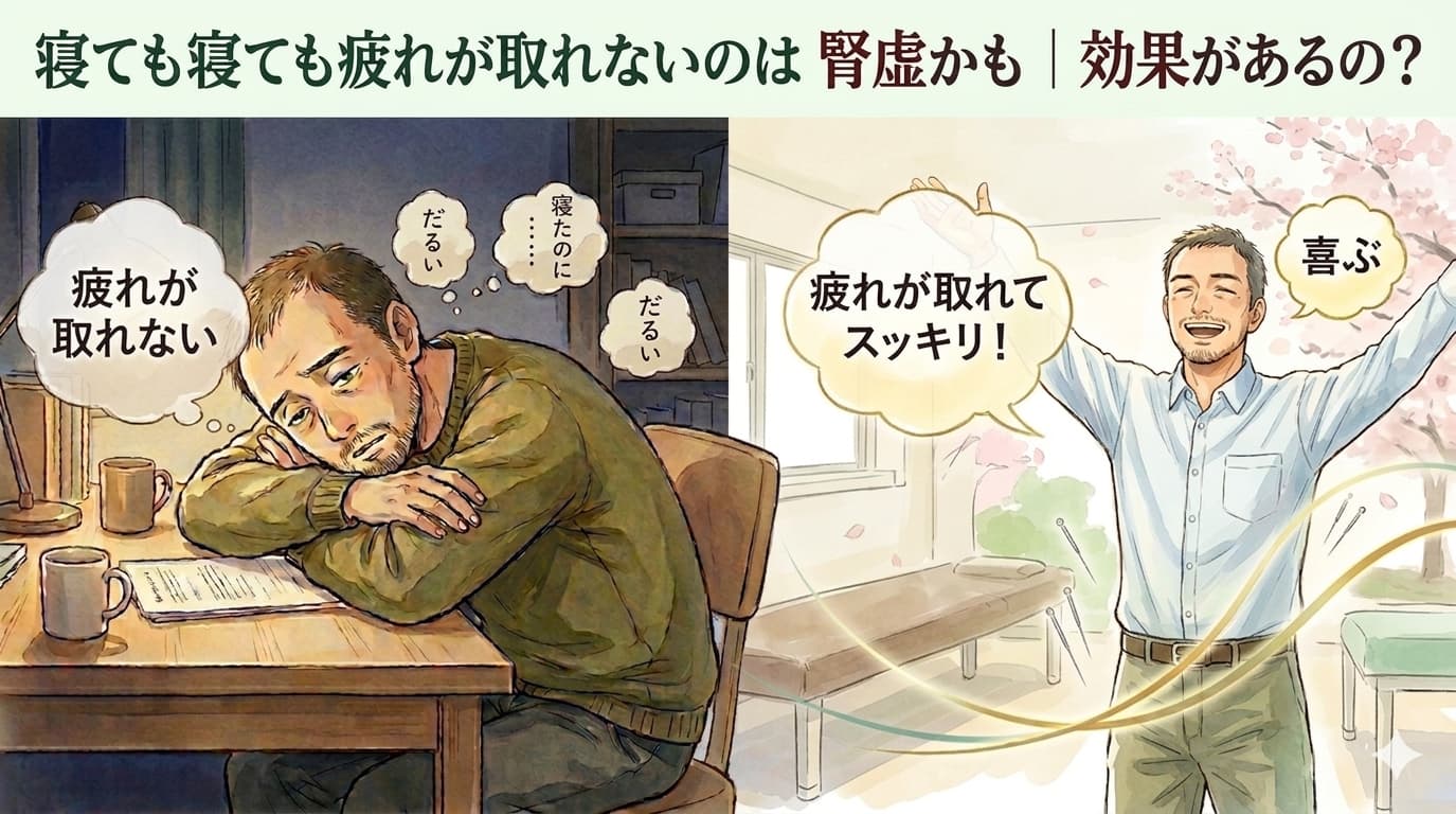 都城市で疲れが取れない方へ。慢性疲労の40代男性（左）と、鍼灸治療でスッキリと回復した40代男性（右）の簡潔な対比イラスト。タイトル「寝ても寝ても疲れが取れないのは腎虚かも｜効果があるの？」が入っている。