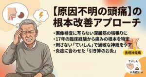 原因不明の頭痛に悩む男性のイラストと、深層筋の強張りや血管へのアプローチ、刺さない鍼「ていしん」を用いた根本改善策を紹介する都城市「鍼灸治療院たけした」のタグ用アイキャッチ画像。