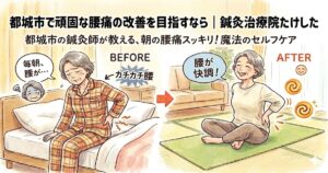 都城市で頑固な腰痛の改善を目指すなら|鍼灸治療院たけした(腰痛改善を伝えるビフォーアフターイラスト)