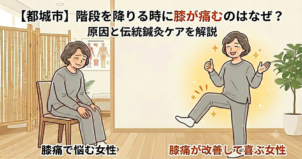 都城市で膝の痛みで悩む方へ。原因と、伝統鍼灸ケアで改善して元気に脚を上げる60代女性の対比イラスト