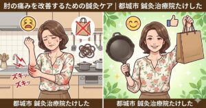 都城市の鍼灸治療院たけしたによる、40代・50代女性の肘の痛みを改善するための鍼灸ケアをイメージしたタグ用アイキャッチ画像