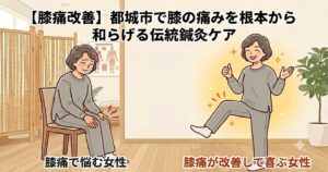 【膝痛改善】都城市で膝の痛みを根本から和らげる伝統鍼灸ケア|膝の痛みで悩む女性と、施術を受けて元気に脚を上げて喜ぶ女性の比較イラスト