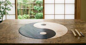 和室の木製テーブルにはめ込まれた、東洋医学の陰陽太極図（太極マーク）