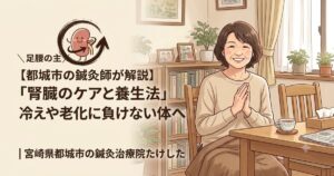 「【都城市の鍼灸師が解説】腎臓のケアと養生法」の文字と、笑顔で手を合わせる女性、可愛い腎臓のイラストが描かれたアイキャッチ画像