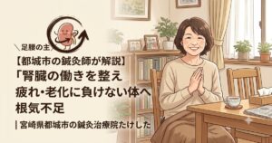 「【都城市の鍼灸師が解説】腎臓の働きとは?」の文字と、笑顔で手を合わせる女性、可愛い腎臓のイラストが描かれたアイキャッチ画像