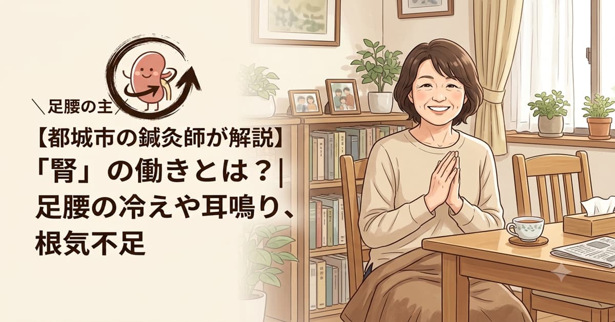 東洋医学における腎臓の働きと症状について解説する都城市の鍼灸治療院たけした。部屋で足腰の冷えをセルフケアする40代女性のイメージイラスト。